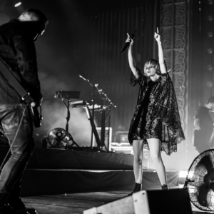 black and white image of chvrches preforming at the observatory north park in san diego