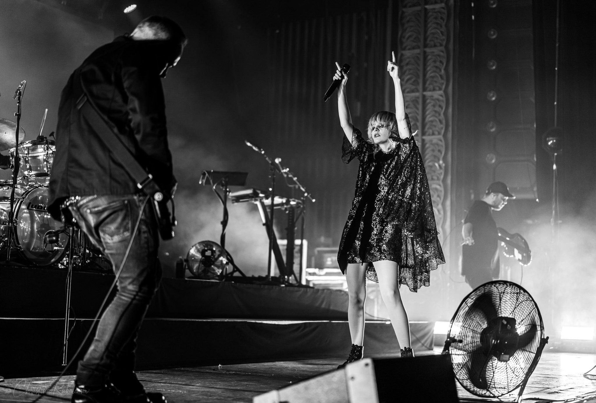 black and white image of chvrches preforming at the observatory north park in san diego