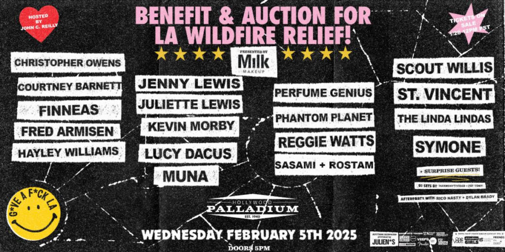 Black, grungy ADMAT with names of bands like, Lucy Davis, Sasami, Jenny Lewis, St Vincent and more for the Give A F*ck L.A. benefit concert