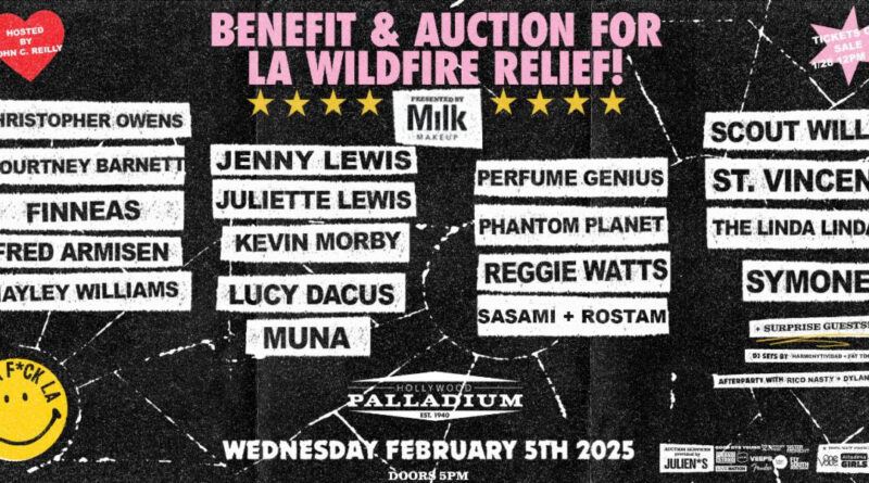 Black, grungy ADMAT with names of bands like, Lucy Davis, Sasami, Jenny Lewis, St Vincent and more for the Give A F*ck L.A. benefit concert